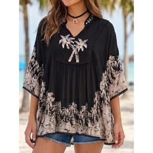 ADVANCED APPARELS Black Batik Free Size Boho Cotton Handkerchief Hem Top
